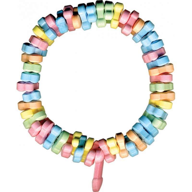 stretchy candy necklace and bracelet with candy shaped like little peckers in multi-colors for the bachelorette and her bridal party