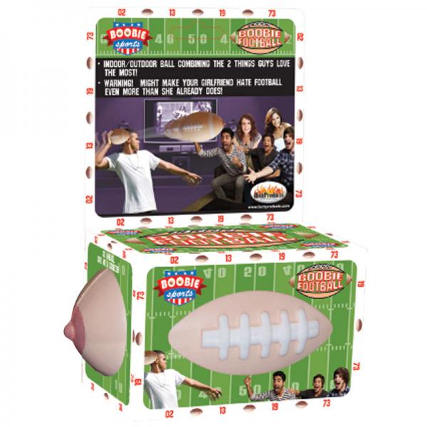 Bachelor party gag gift silicone football shaped like end to end boobs with pink nipples on each end.