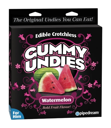 Edible crotchless gummy undies in watermelon flavor for him from coastalpartysupply.com