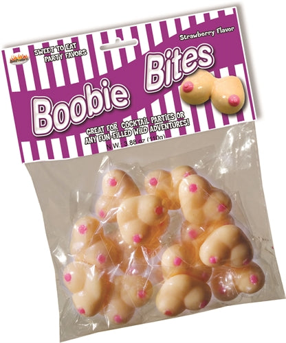 Bag of Strawberry flavored boobie bites that are individually wrapped hard candies in the shapes of pairs of boobs with pink nipples. 16 pieces per bag
