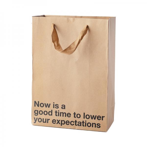 Now is a good time to lower your expectations gift bag in plain kraft paper and black print