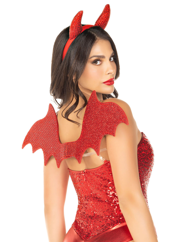 small red devil costume wings and rhinestone red devil horns headband Halloween costume accesory set.