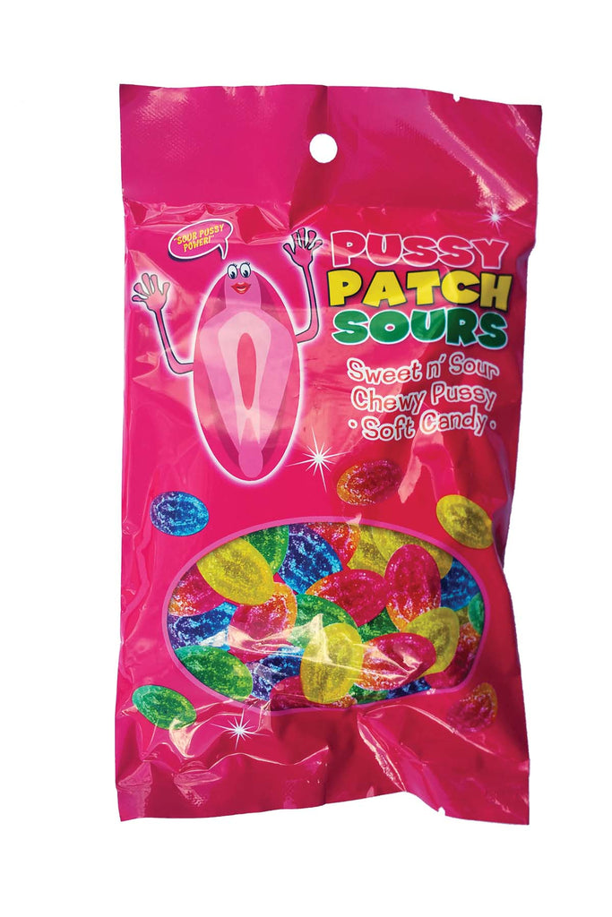 Pussy Patch Sours Sweet and Sour Chewy Soft Candy shaped like little vaginas. Multi-colored gummy candies in a bright pink bag featuring a cartoon vagina on front. 