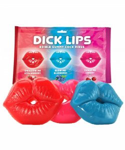 Dick Lips Gummy Cock Rings is a 3 pack of large Gummy candy Puckered Lips c-rings in 3 flavors , Strawberry, cherry, and blueberry