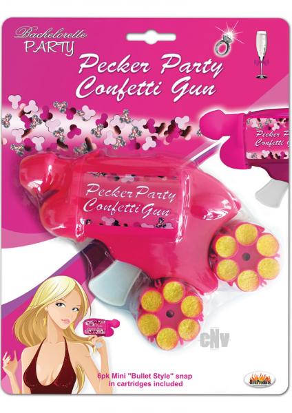 Bachelorette Pecker Party Confetti Gun with 6 pack of mini Bullet Style snap in Confetti cartridges included. confetti is metallic foil in shape of tiny peckers.  additional cartridges sold separately.