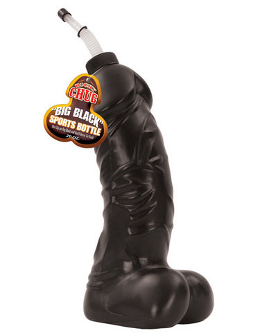 Dicky Chug Big Black Sports Bottle is a 20 oz. plastic sports bottle shaped like a penis and balls with a drinking spout. makes a great bachelorette party favor 