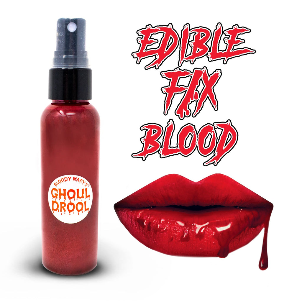 Ghoul Drool edible fake spray blood by Bloody Mary 2oz. spray vial. Non-Toxic, food grade, FDA-Approved fake blood. Halloween makeup.