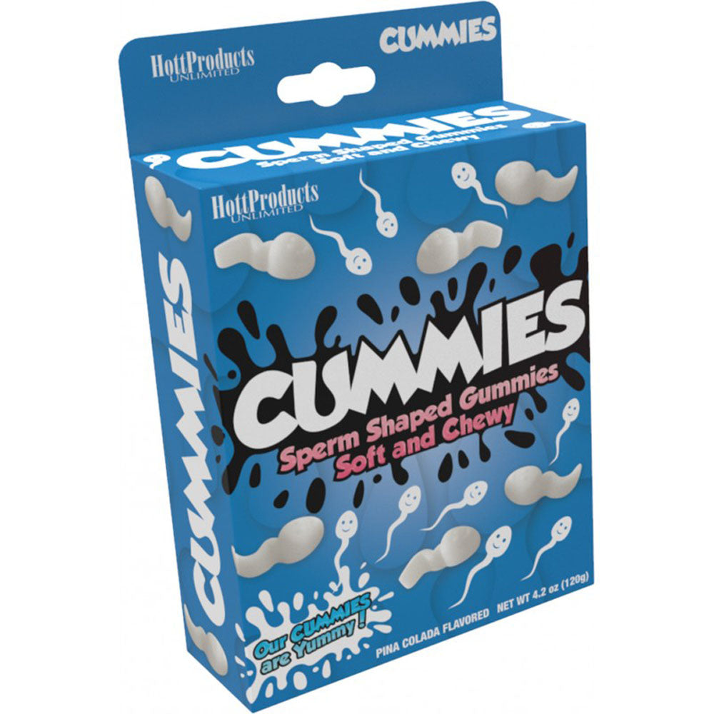 Cummies are sperm shaped gummy candies that are pina colada flavored white sperm shaped candies by Hott Products. Bachelorette party candy, adult party candy.