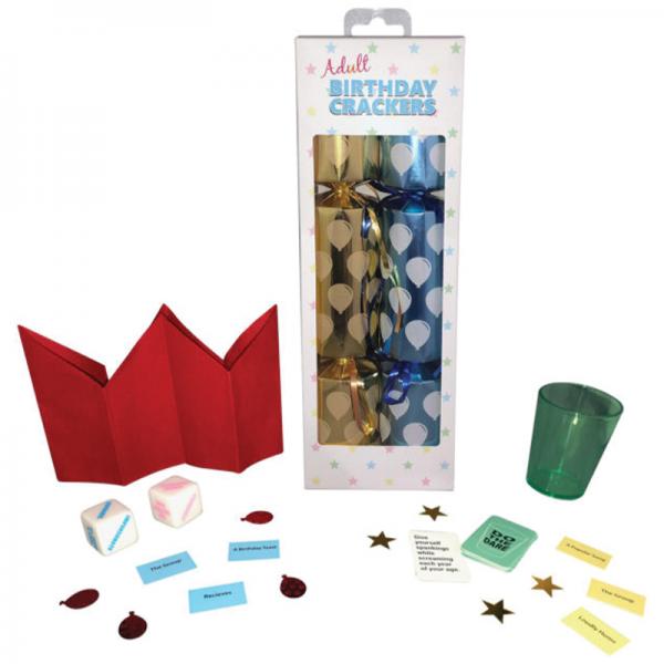 Adult Birthday Party Crackers included two party poppers with paper crown, dice game and celebration confetti that all pops out when two people pull each end of the crackers. Gold and Blue metallic colors.