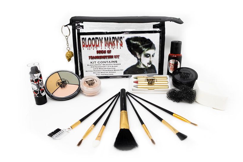 Bride of Frankenstein FX Makeup Kit for Halloween. Bloody Mary Bride of Frankenstein kit with skull keychain.