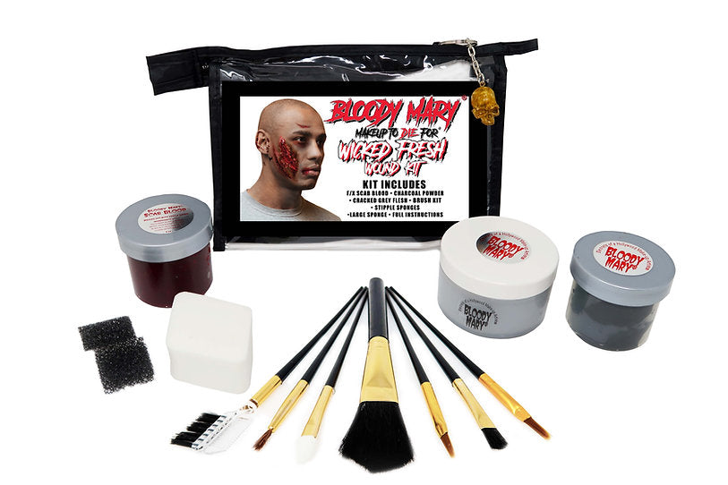 light skinned African American Male on front of Wicked Fresh wound kit by Bloody Mary. Hollywood Professional Monster makeup kit.