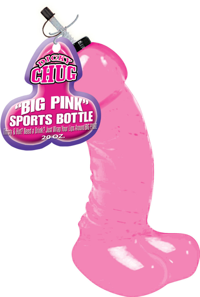 Big 20 ounce pink plastic sports bottle shaped like a penis and balls by Dicky Chug . Bachelorette party favors or swag.