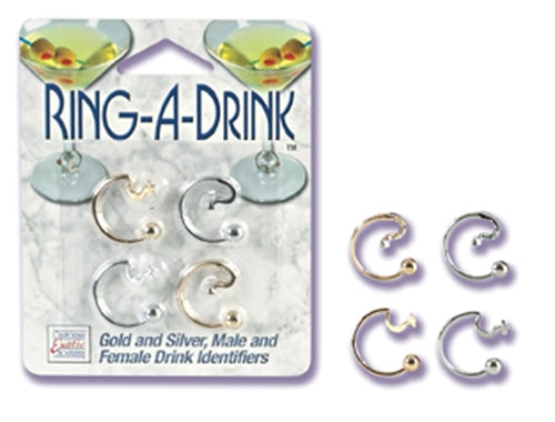 male and female drink identifier rings in silver and gold. Non-tarnishing metal drink rings. 