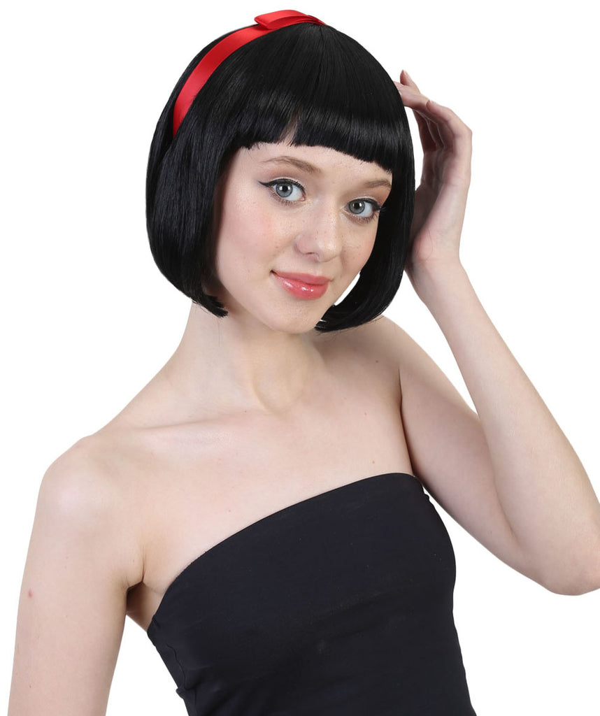 Short black bob wig with bangs to go with Snow White costume or Poisoned Apple Princess costume at coastal party supply.