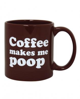 Dark Brown 22 ounce ceramic coffee mug with white print on one side that states, "Coffee makes me poop". Adult Gag gift.