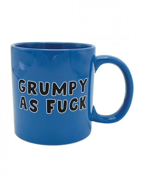 Shiny Bright blue ceramic coffee mug with print on front in black and white that states, "Grumpy As Fuck". Holds 22 fl. oz. Great adult gag gift!