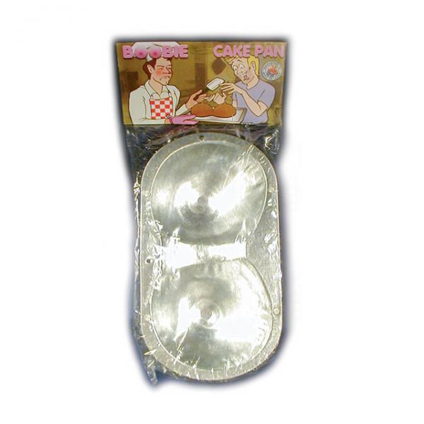 disposable metal foil cake pan shaped like breasts. Boobie cake pan is perfect for bachelor parties, adult birthday parties, and breast cancer awareness events. 10 inch boobs cake pan.