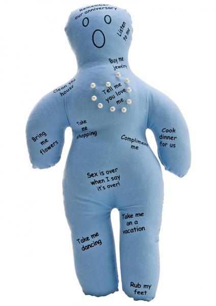 New Husband Voodoo Doll is a small Blue doll that has sayings printed all over it like,"take me shopping", "Listen to Me", "Rub My Feet", and "Buy Me Jewelry". includes several pearl bead topped pins. Fun gift for the bride to be.