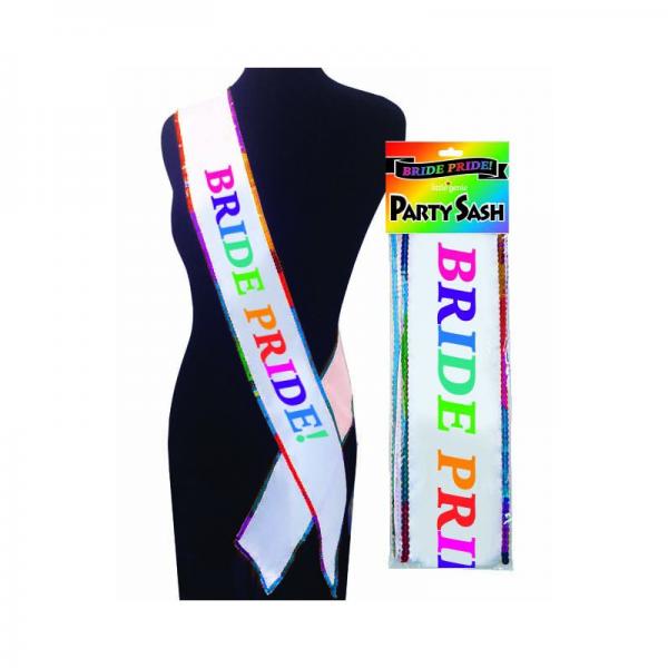 White and Rainbow sequin Bachelorette Sash with Bride Pride Print. Pride party sash. Bachelorette party sash