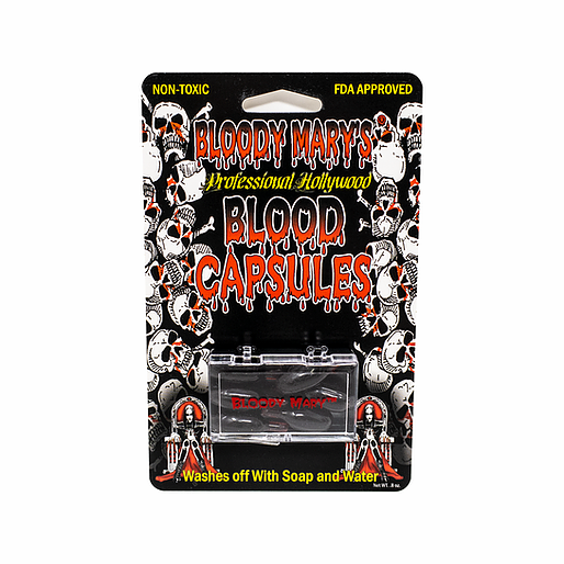 Bloody Mary Professional Hollywood blood capsules 6 per pack. Non-toxic, FDA-approved, will not stain, washes off with soap and water and Made right here in the USA!