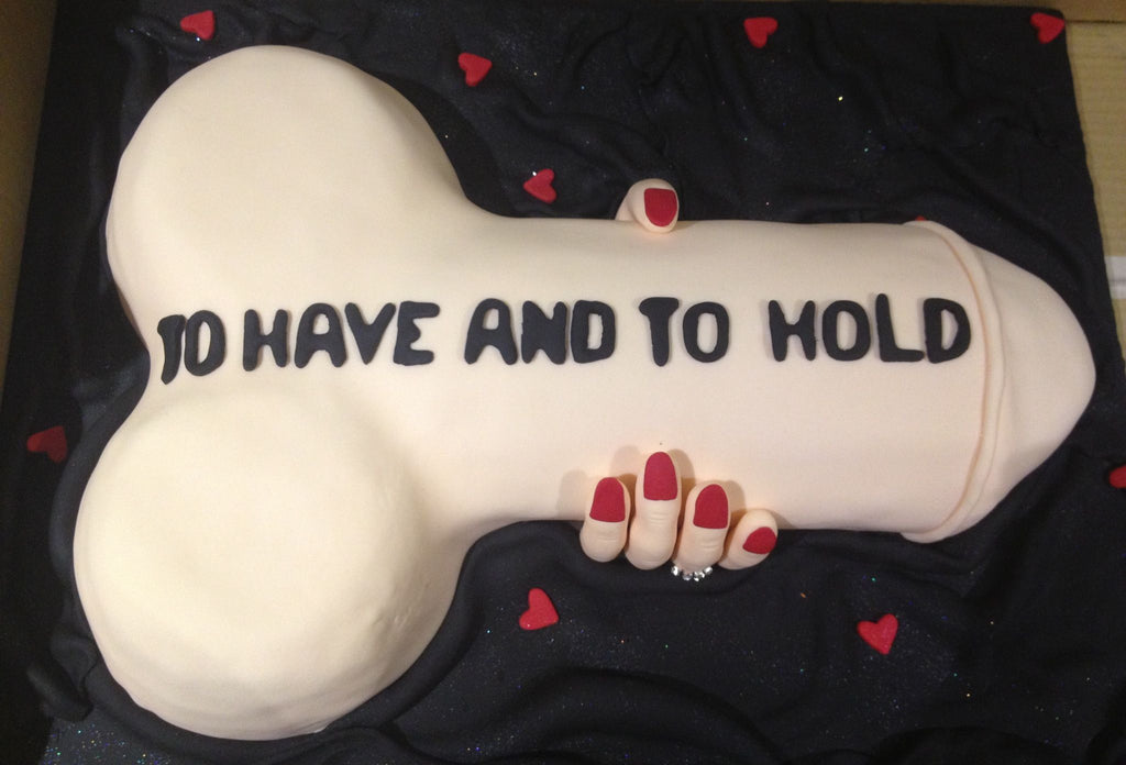 Large Penis shaped cake with To Have and to Hold Printed down the length of it and an edible hand holding the penis. 14" Bachelorette disposable Pecker Cake Pansset of 2. 